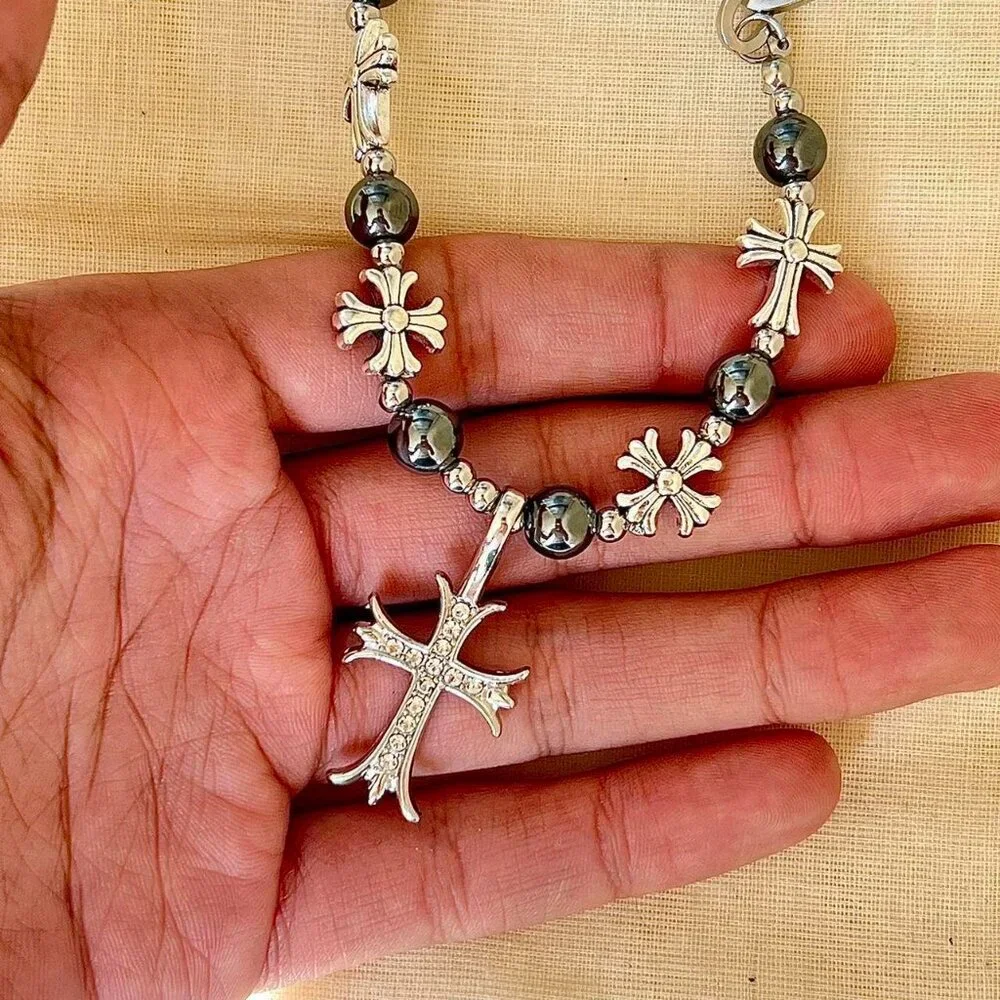 y2k grunge pearl silver cross pendant necklace